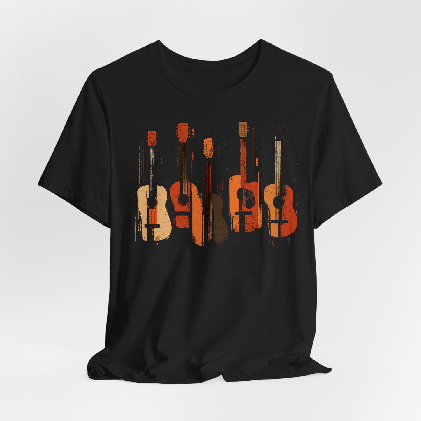 Black Acoustic Heritage t-shirt with five vintage acoustic guitars in warm earth tones