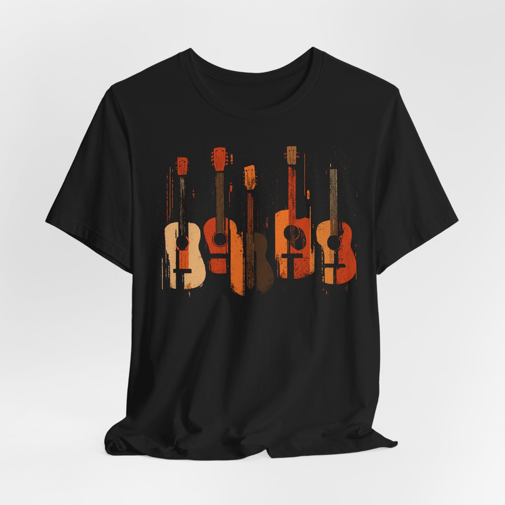 Black Acoustic Heritage t-shirt with five vintage acoustic guitars in warm earth tones