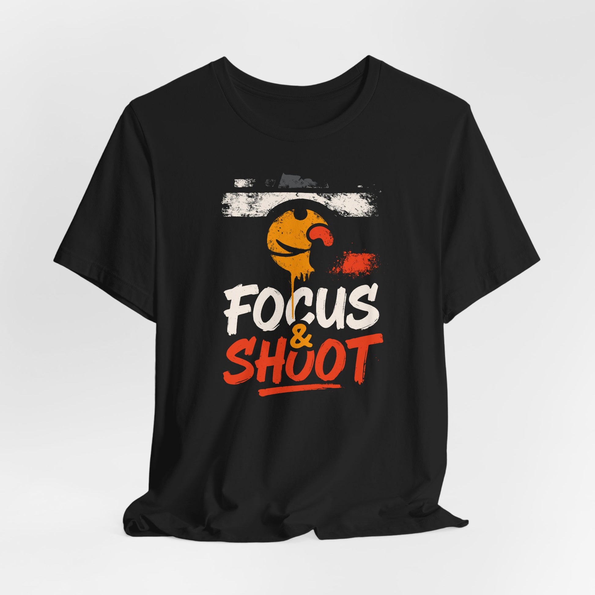 Black Focus & Shoot t-shirt with grunge camera design and orange urban street art aesthetic