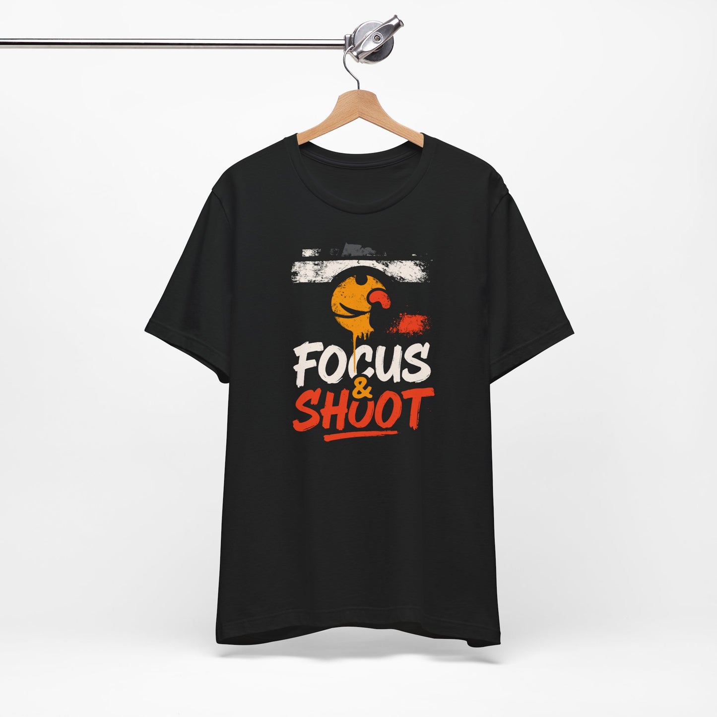 Black Focus & Shoot t-shirt with grunge camera design and orange urban street art aesthetic