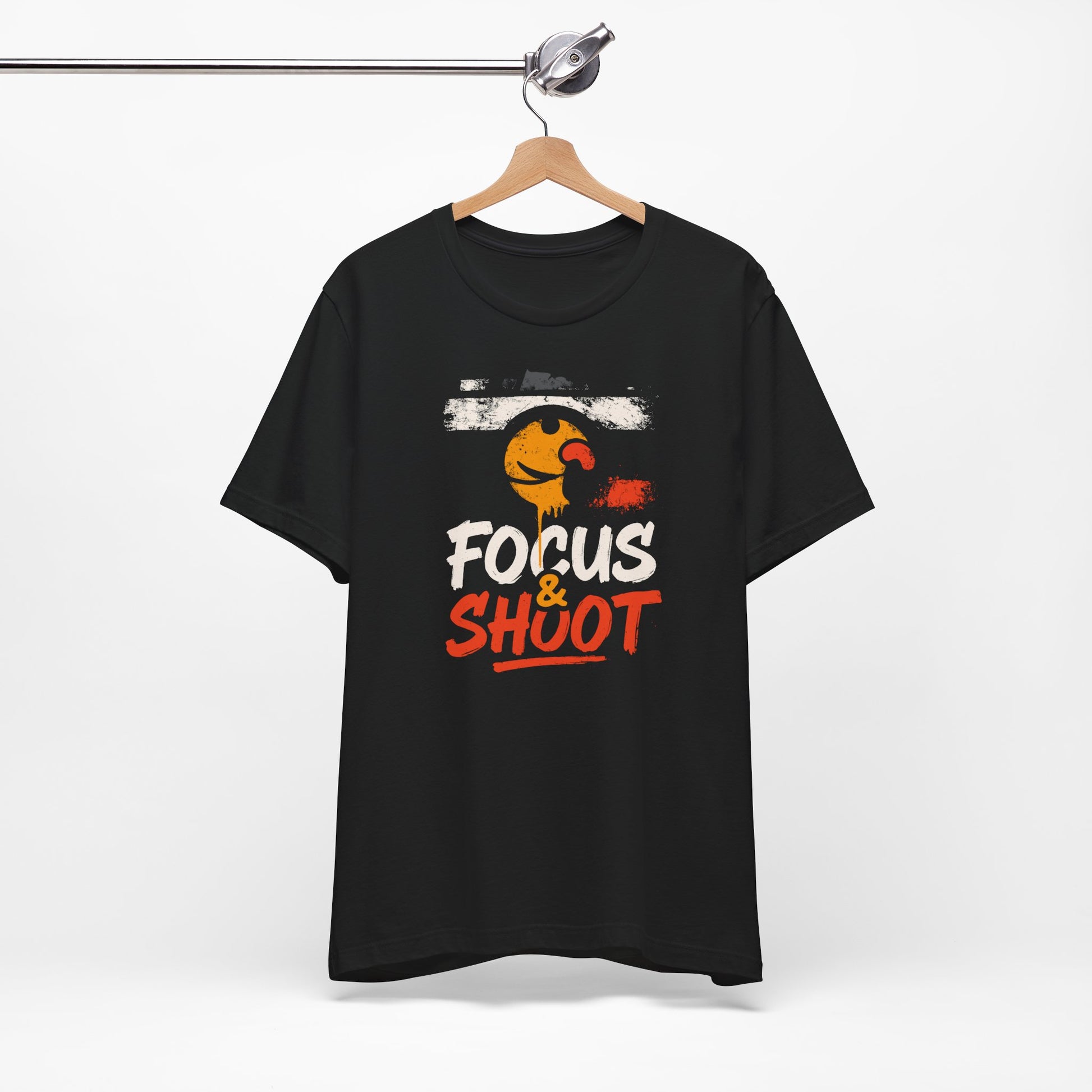 Black Focus & Shoot t-shirt with grunge camera design and orange urban street art aesthetic