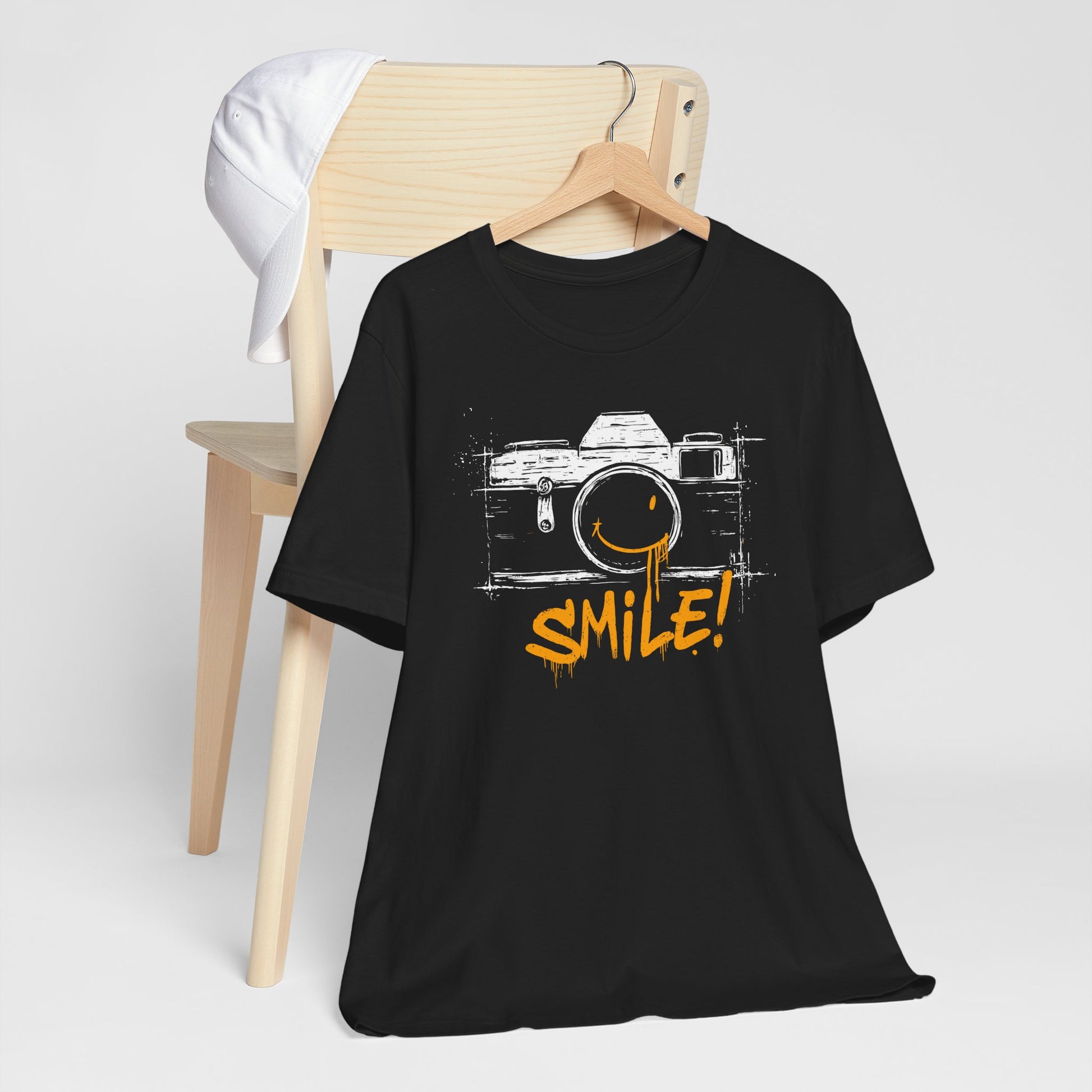 Black Smile Camera t-shirt with vintage camera sketch and yellow smiley face graffiti design
