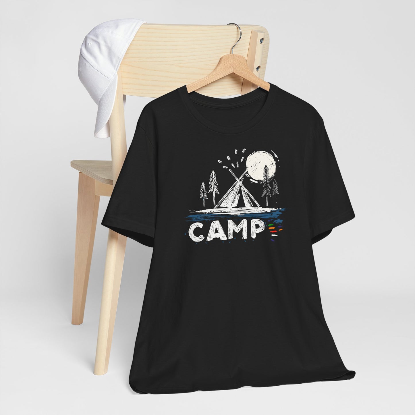 Black Camp t-shirt with hand-drawn tent moon and pine trees wilderness design