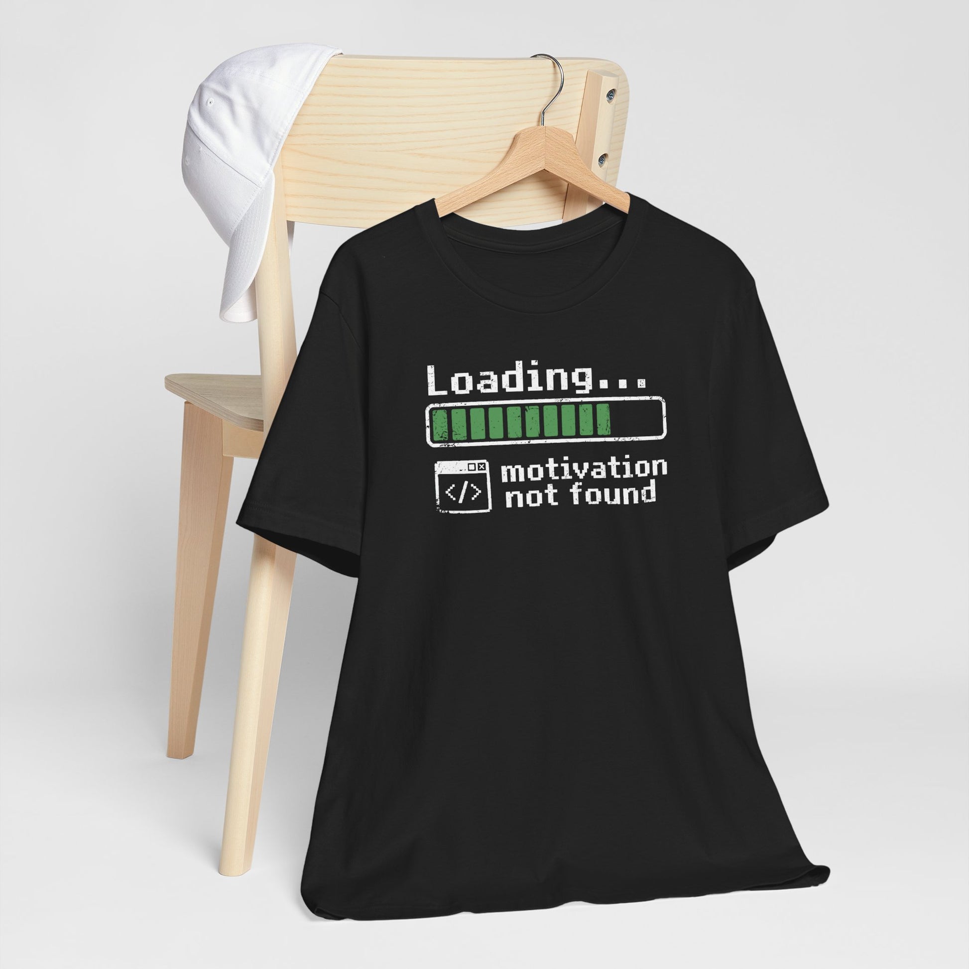 Black Loading... Motivation Not Found t-shirt with humorous loading bar graphic