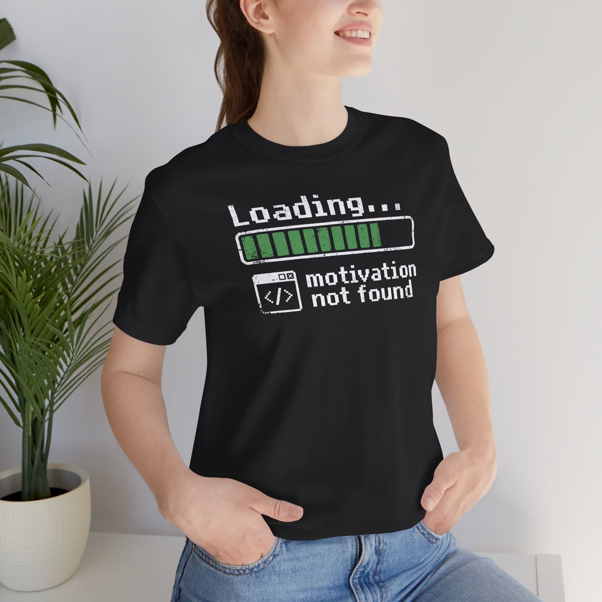 Black Loading... Motivation Not Found t-shirt with humorous loading bar graphic
