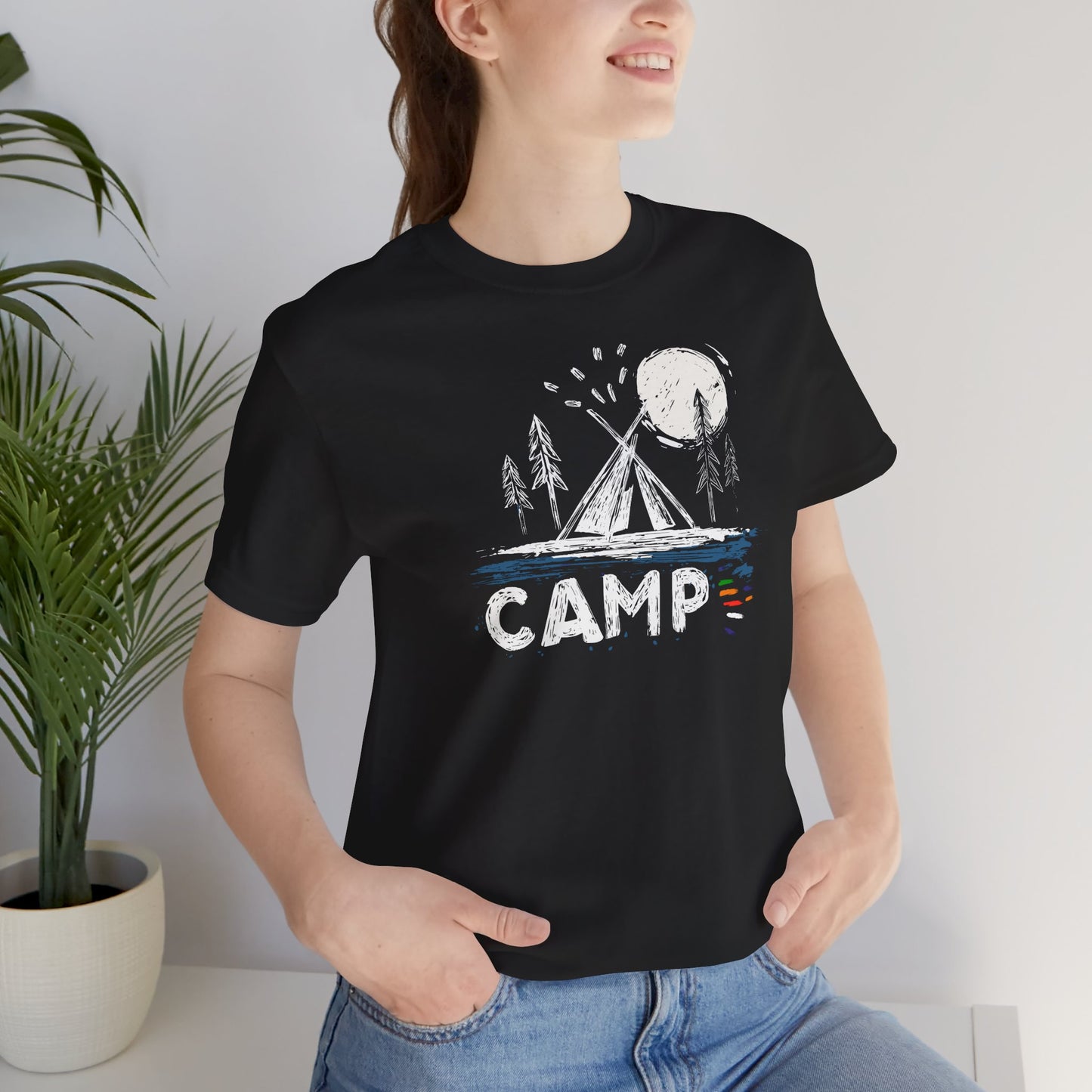 Black Camp t-shirt with hand-drawn tent moon and pine trees wilderness design