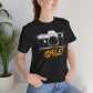 Black Smile Camera t-shirt with vintage camera sketch and yellow smiley face graffiti design
