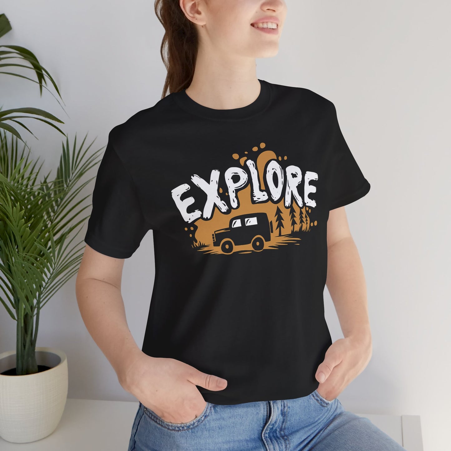 Black Explore t-shirt with adventure vehicle golden forest and pine trees design