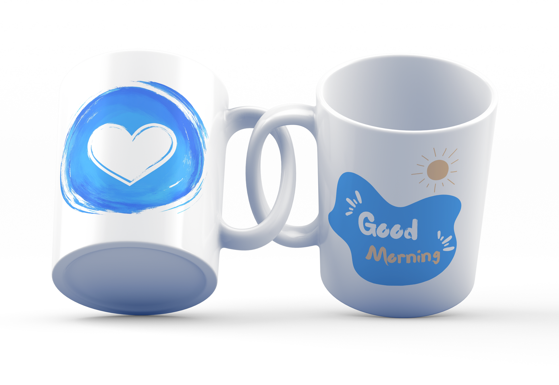 Morning Love 11oz white ceramic mug with artistic blue watercolor heart design