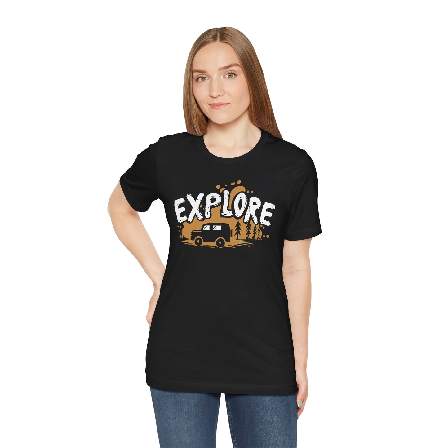 Black Explore t-shirt with adventure vehicle golden forest and pine trees design