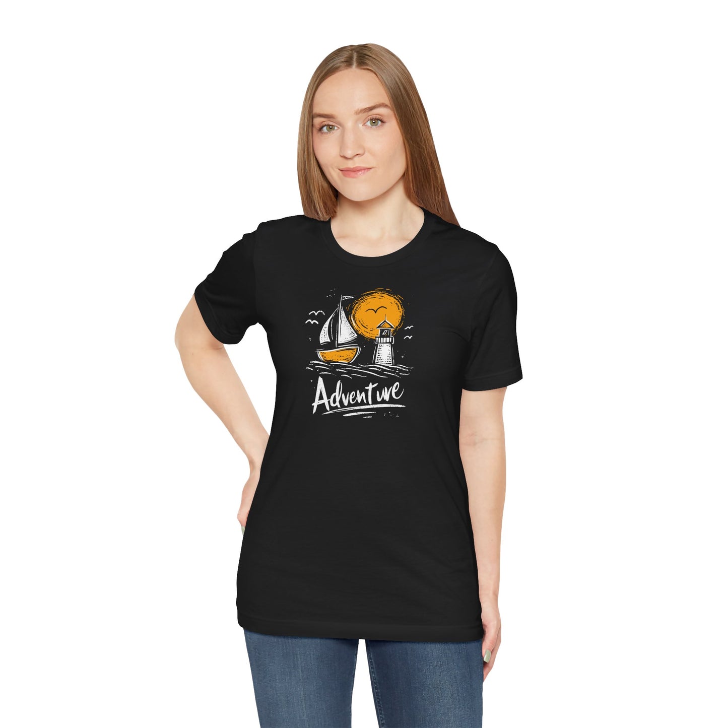 Black Adventure t-shirt with hand-drawn sailboat lighthouse and golden sun nautical design
