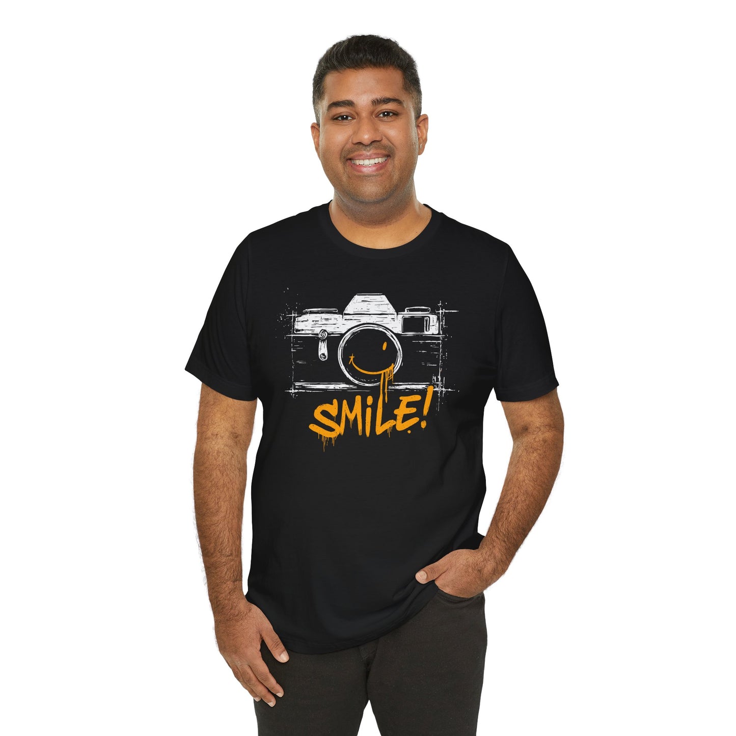 Black Smile Camera t-shirt with vintage camera sketch and yellow smiley face graffiti design