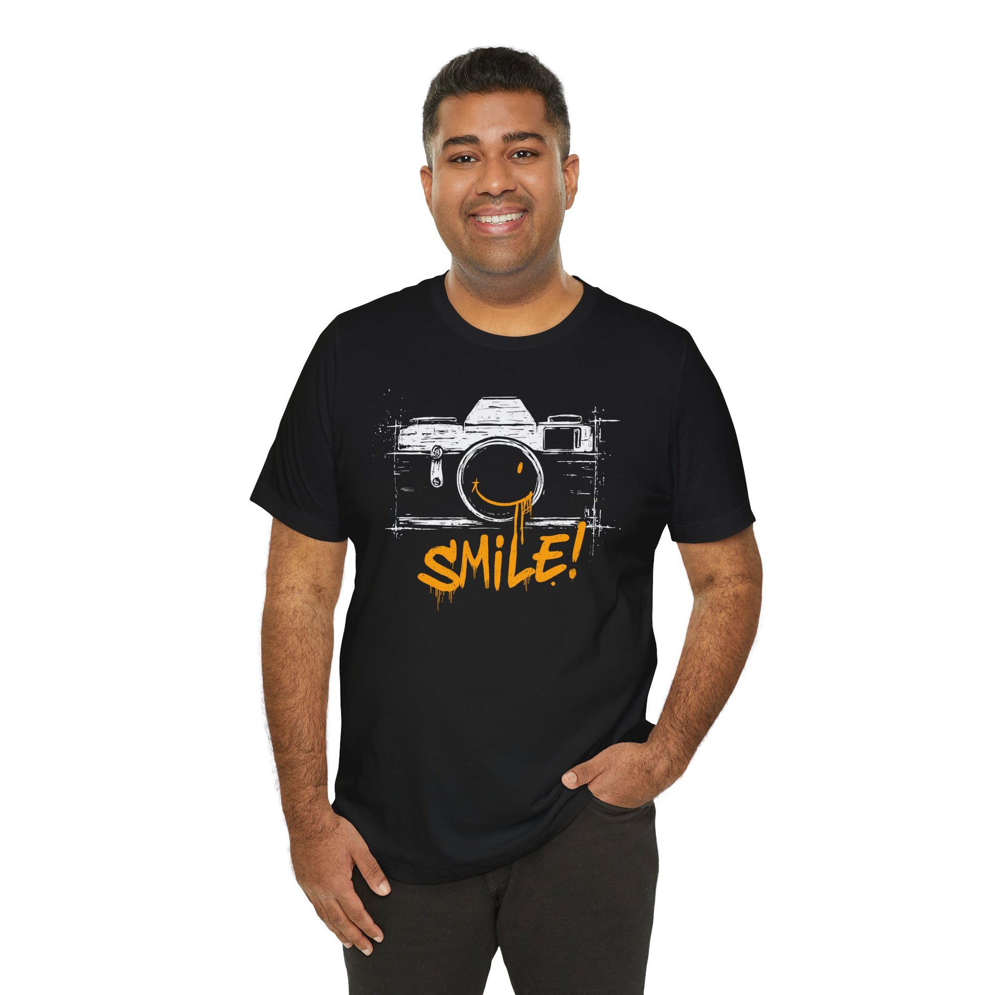 Black Smile Camera t-shirt with vintage camera sketch and yellow smiley face graffiti design