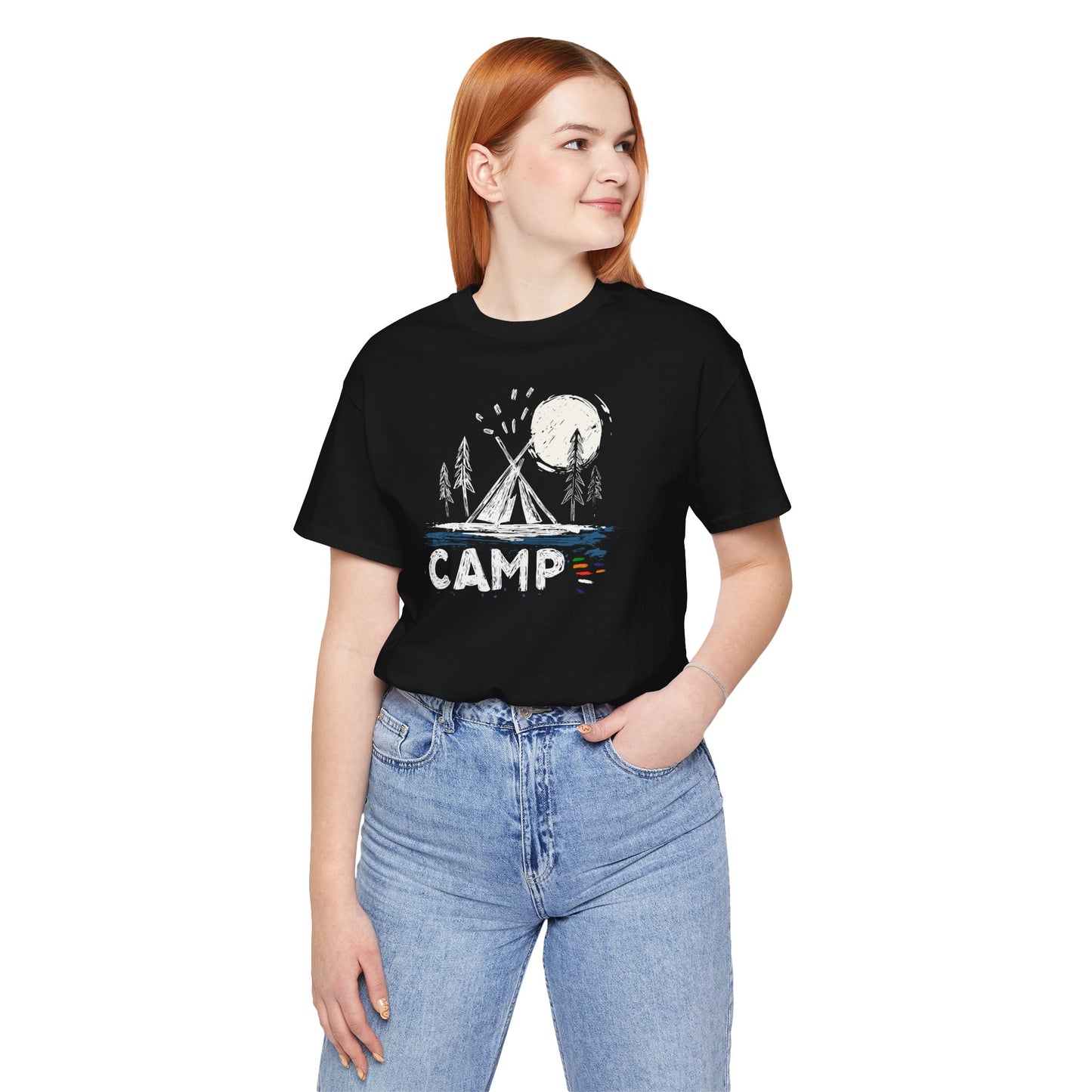 Black Camp t-shirt with hand-drawn tent moon and pine trees wilderness design