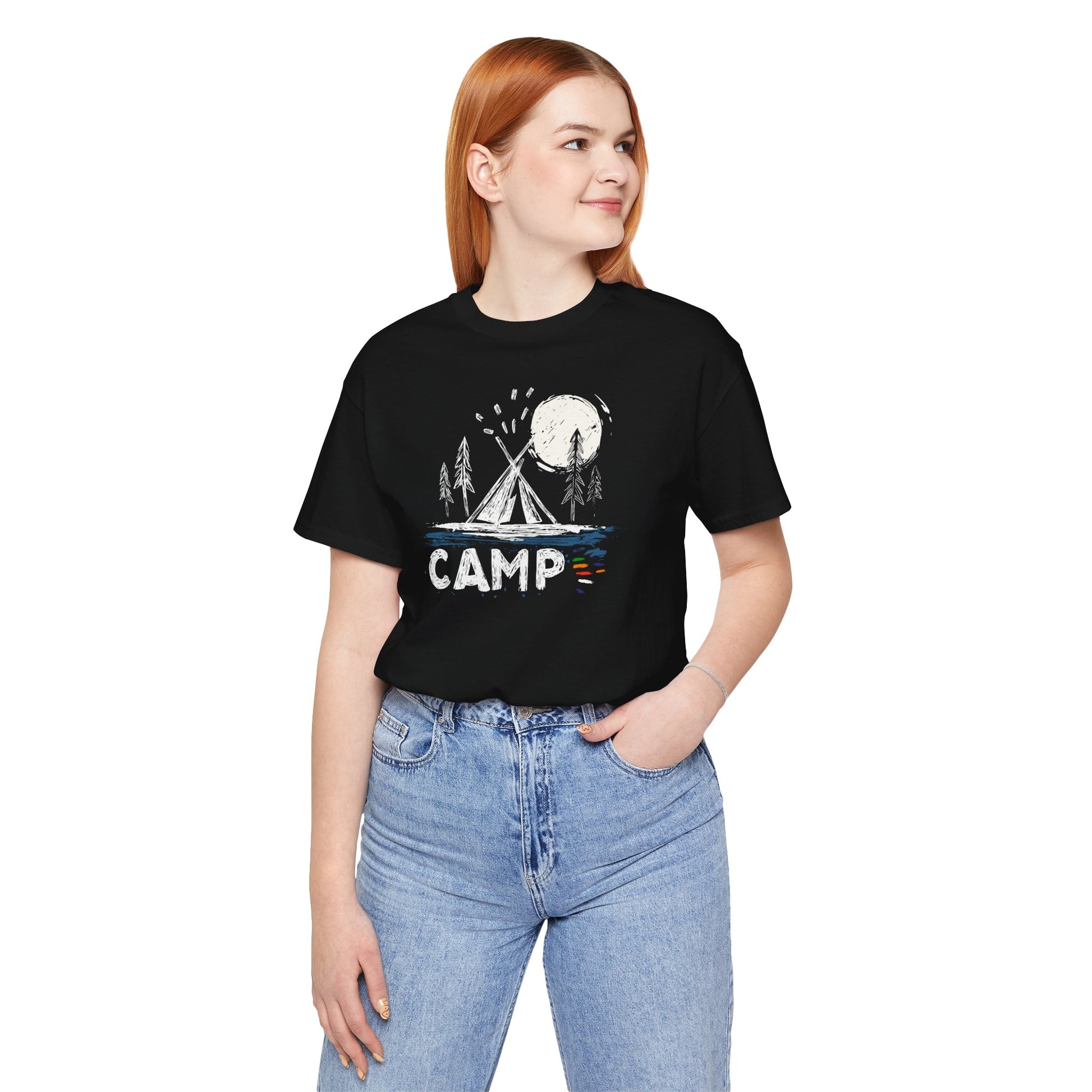 Black Camp t-shirt with hand-drawn tent moon and pine trees wilderness design