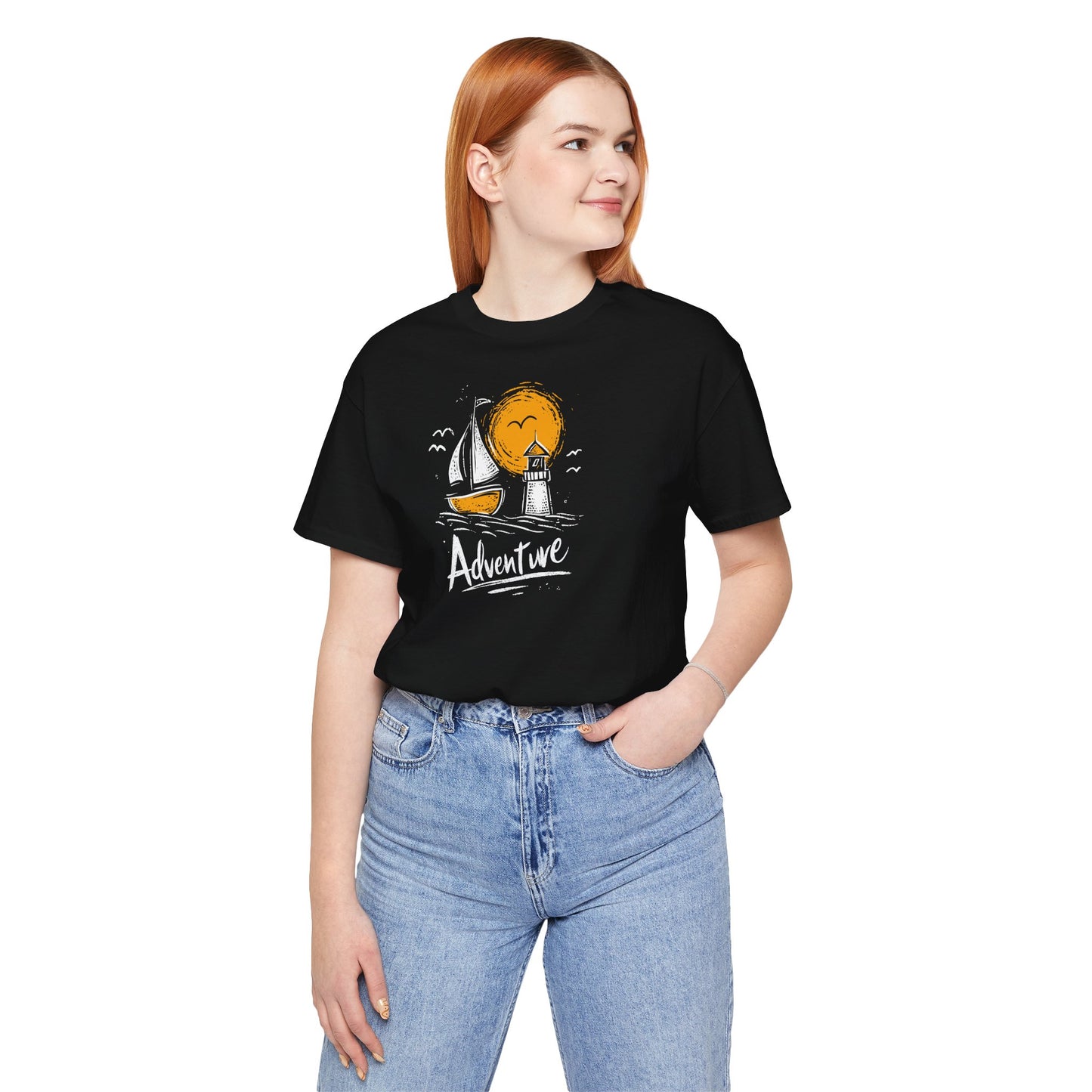 Black Adventure t-shirt with hand-drawn sailboat lighthouse and golden sun nautical design