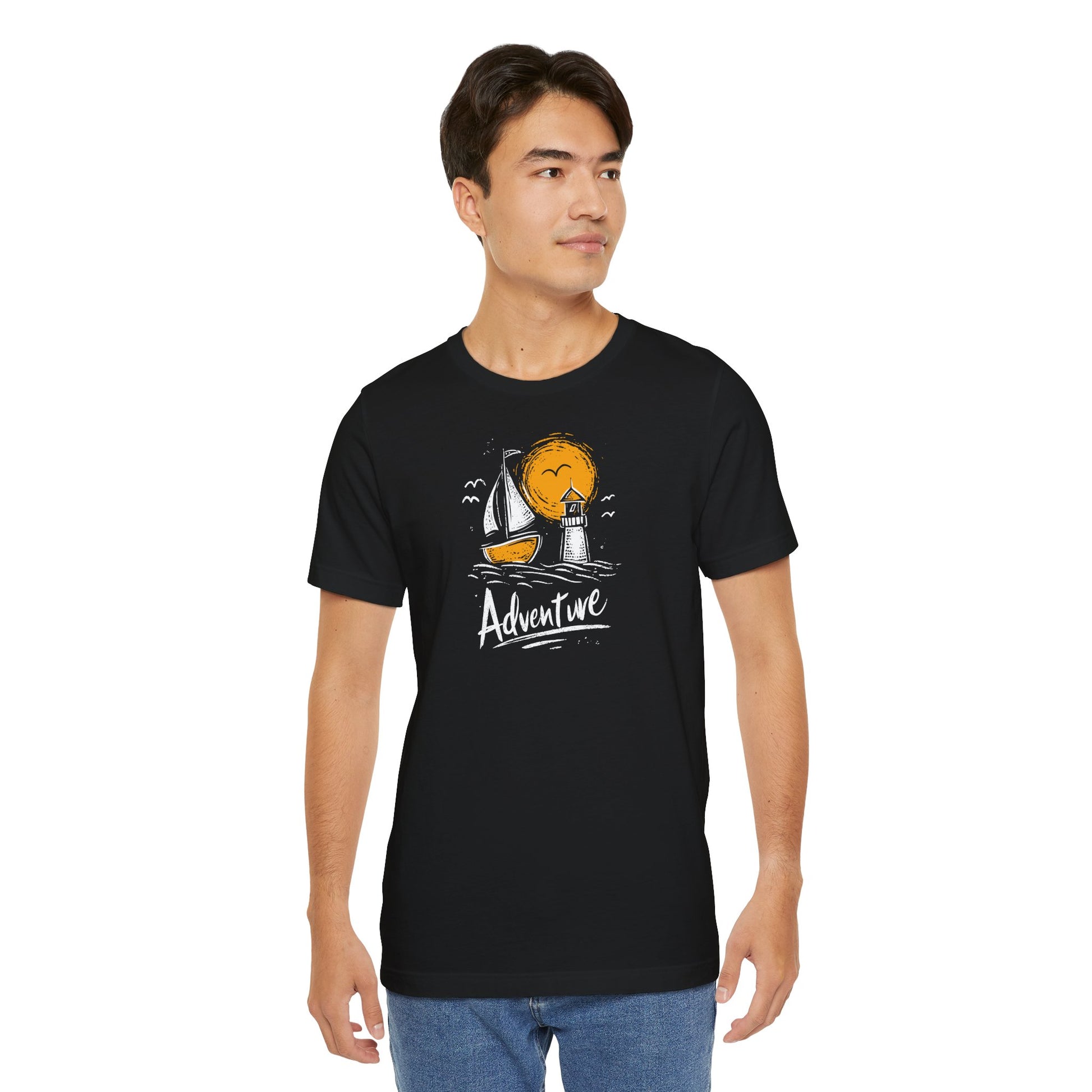 Black Adventure t-shirt with hand-drawn sailboat lighthouse and golden sun nautical design