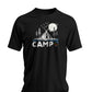 Black Camp t-shirt with hand-drawn tent moon and pine trees wilderness design