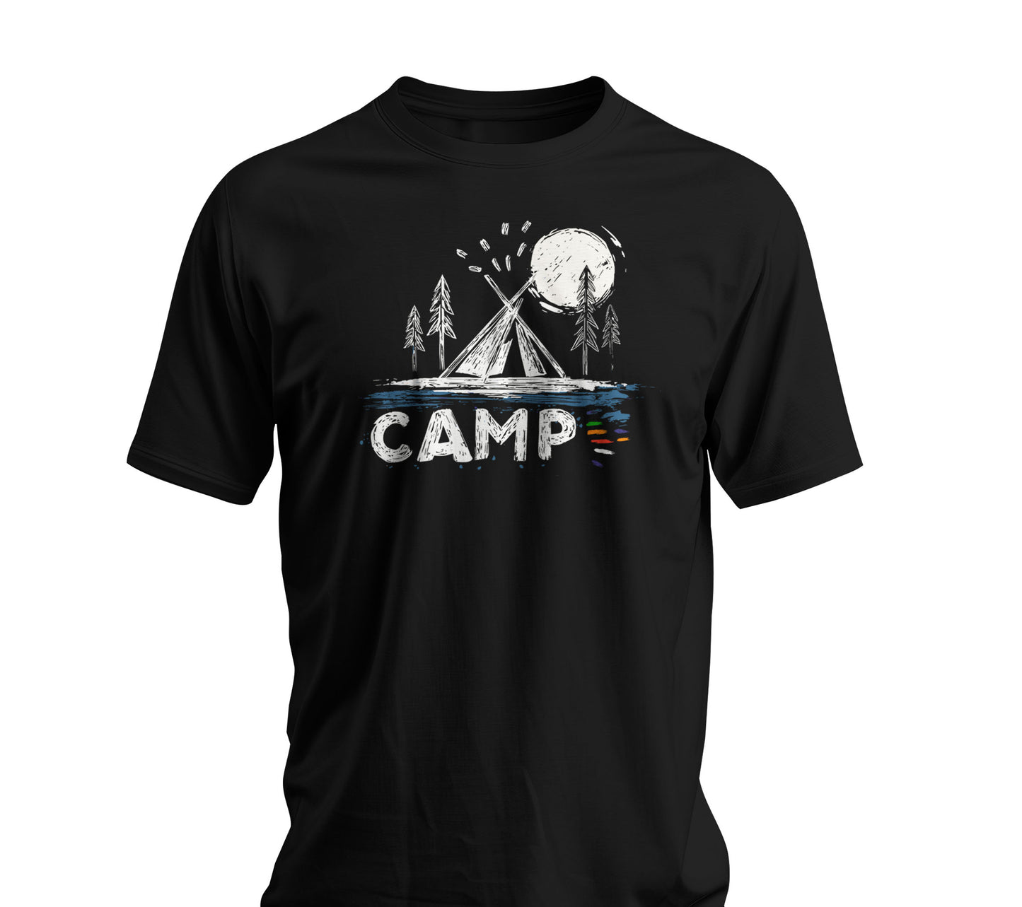 Black Camp t-shirt with hand-drawn tent moon and pine trees wilderness design