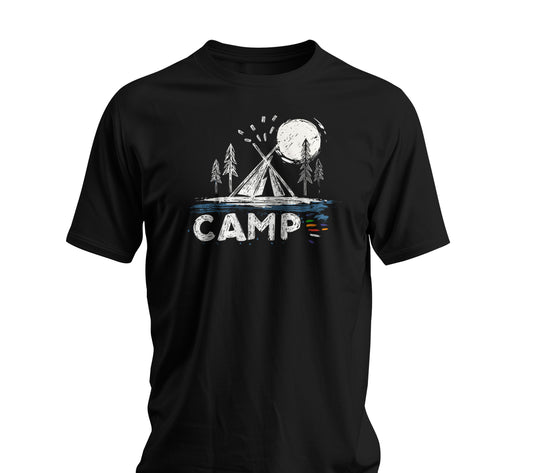 Black Camp t-shirt with hand-drawn tent moon and pine trees wilderness design