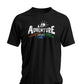 Black t-shirt with 'Adventure' graphic design on a white background