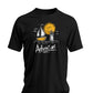 Black Adventure t-shirt with hand-drawn sailboat lighthouse and golden sun nautical design