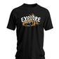 Black Explore t-shirt with adventure vehicle golden forest and pine trees design