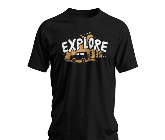 Black Explore t-shirt with adventure vehicle golden forest and pine trees design
