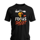Black Focus & Shoot t-shirt with grunge camera design and orange urban street art aesthetic