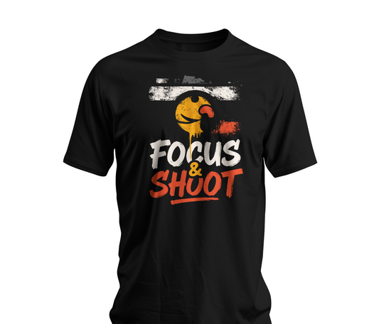 Black Focus & Shoot t-shirt with grunge camera design and orange urban street art aesthetic