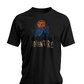 Black Adventure Wilderness t-shirt with orange harvest moon tent and forest camping design