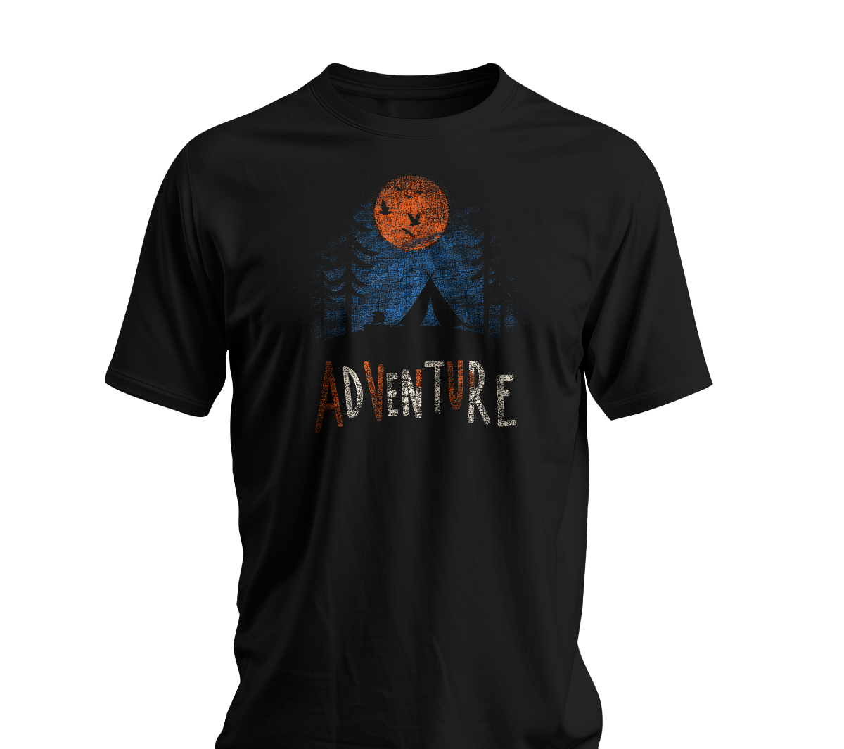 Black Adventure Wilderness t-shirt with orange harvest moon tent and forest camping design