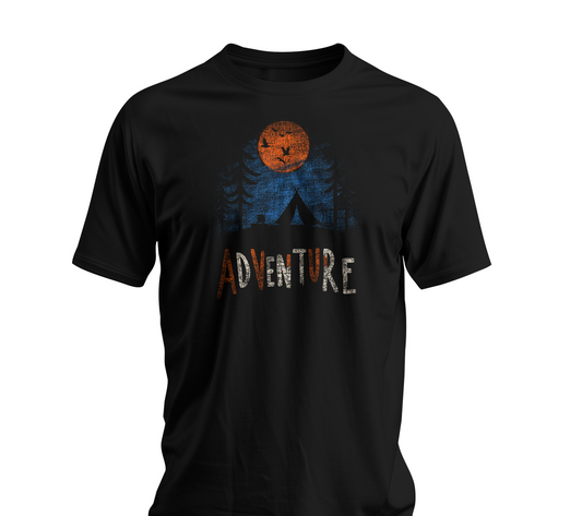 Black Adventure Wilderness t-shirt with orange harvest moon tent and forest camping design
