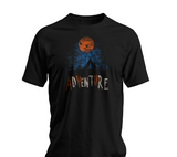 Black Adventure Wilderness t-shirt with orange harvest moon tent and forest camping design