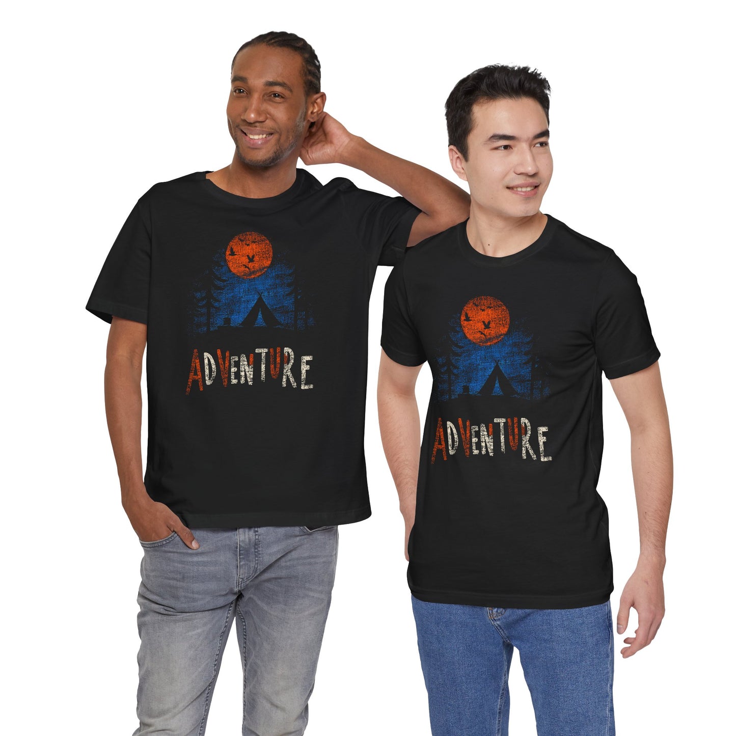 Black Adventure Wilderness t-shirt with orange harvest moon tent and forest camping design