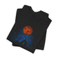 Black Adventure Wilderness t-shirt with orange harvest moon tent and forest camping design