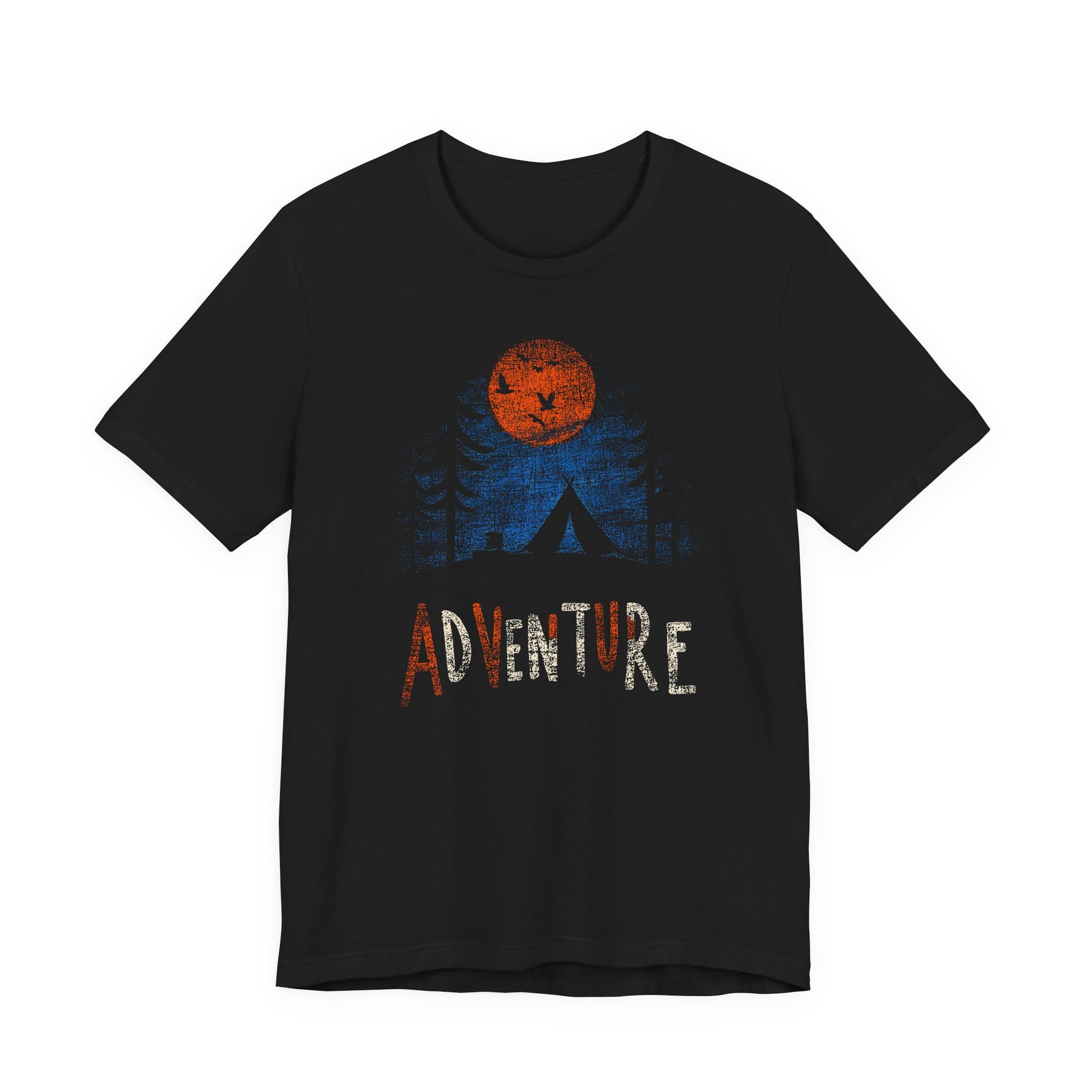 Black Adventure Wilderness t-shirt with orange harvest moon tent and forest camping design