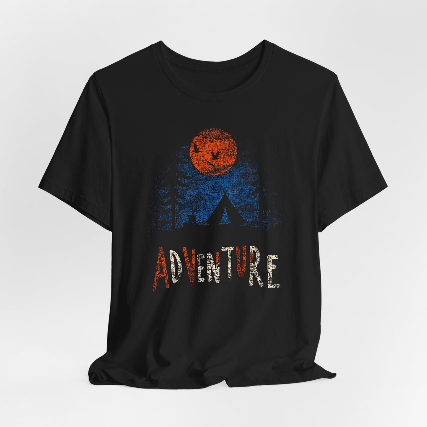 Black Adventure Wilderness t-shirt with orange harvest moon tent and forest camping design