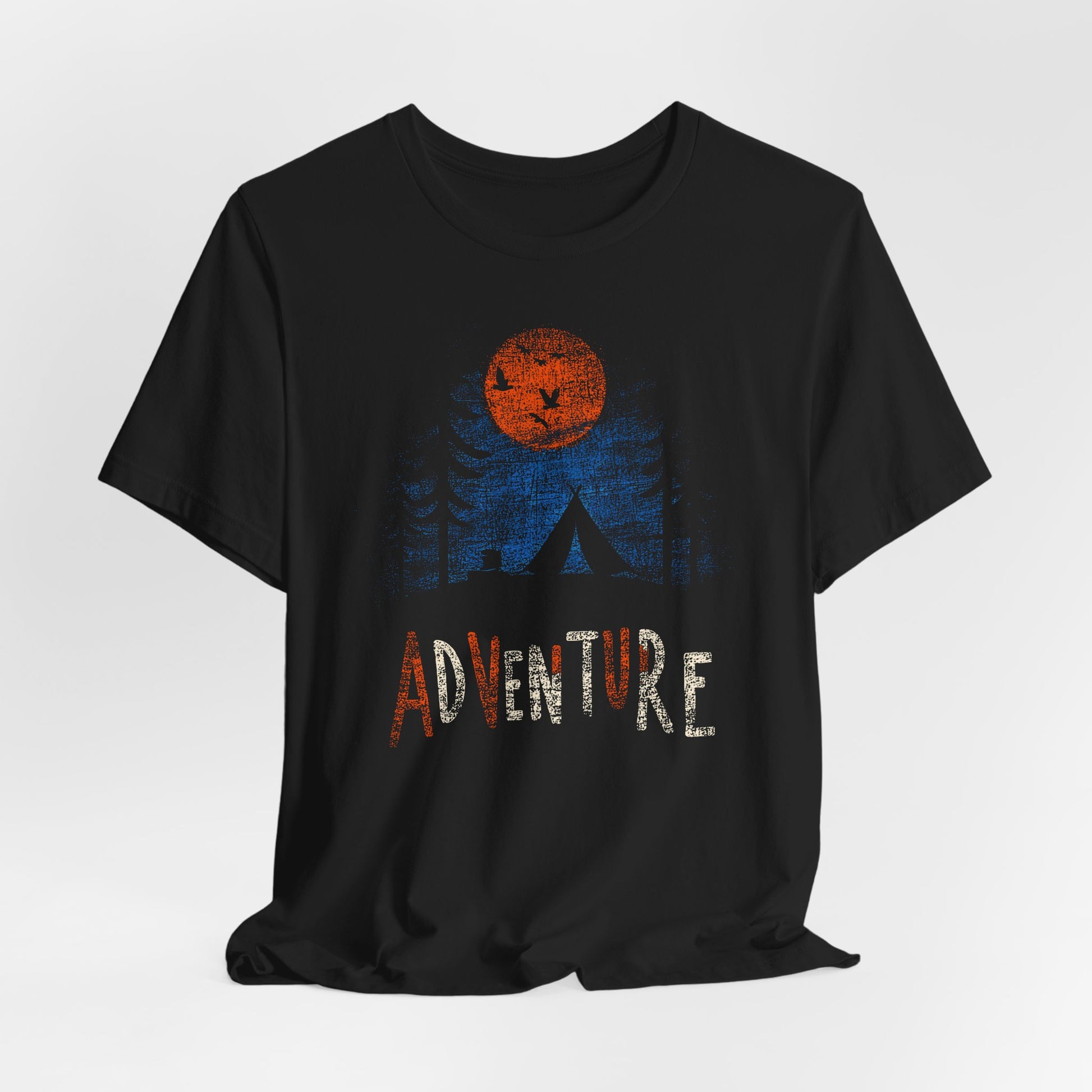 Black Adventure Wilderness t-shirt with orange harvest moon tent and forest camping design