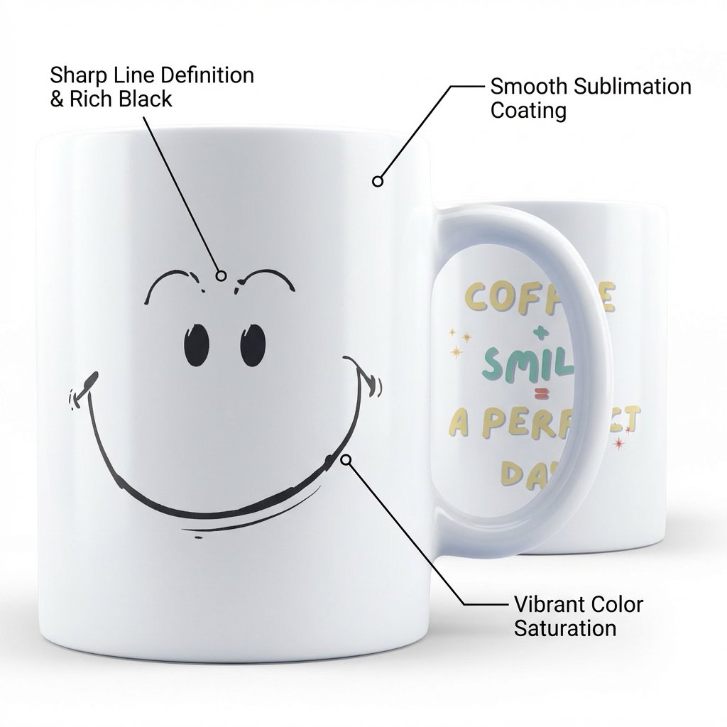White 11oz ceramic mug showing both sides - hand-drawn smiley daisy flower and Your Smile Brightens The Day quote in blue script