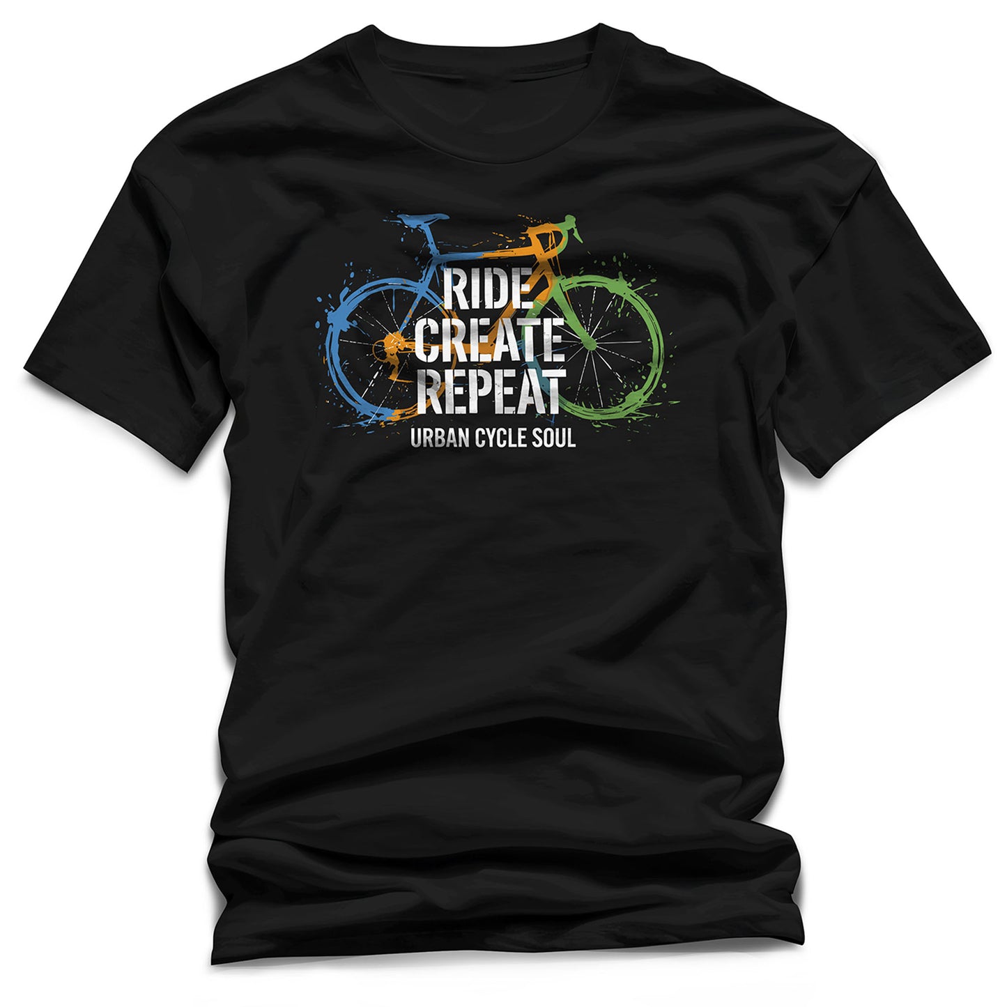 Black t-shirt with a bicycle graphic and text on a white background