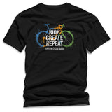 Black t-shirt with a bicycle graphic and text on a white background