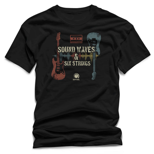 "Sound Waves & Six Strings" T-Shirt – Vintage Guitar & Cassette Analog Music Tee