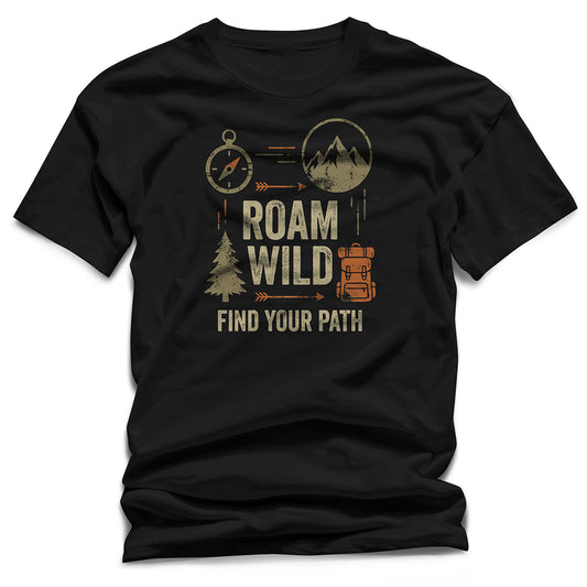 "Roam Wild: Find Your Path" Hiking & Backpacking T-Shirt – Compass & Mountains Graphic Tee