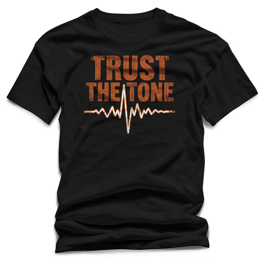 Black t-shirt with 'Trust The Tone' text and heartbeat design on a white background