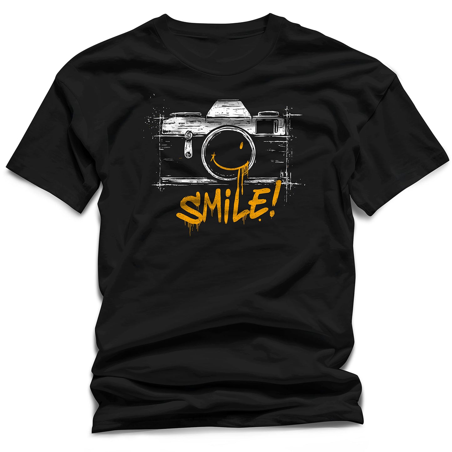 Smile Camera T-Shirt – Black Photography Tee with Graffiti Design & Happy Vintage Aesthetic