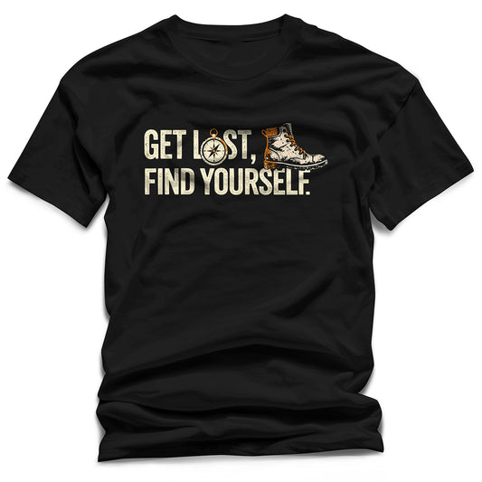 WildVero™ "Get Lost Find Yourself" T-Shirt | Hiking Compass & Boot Graphic Tee