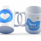 Morning Love 11oz white ceramic mug with artistic blue watercolor heart design