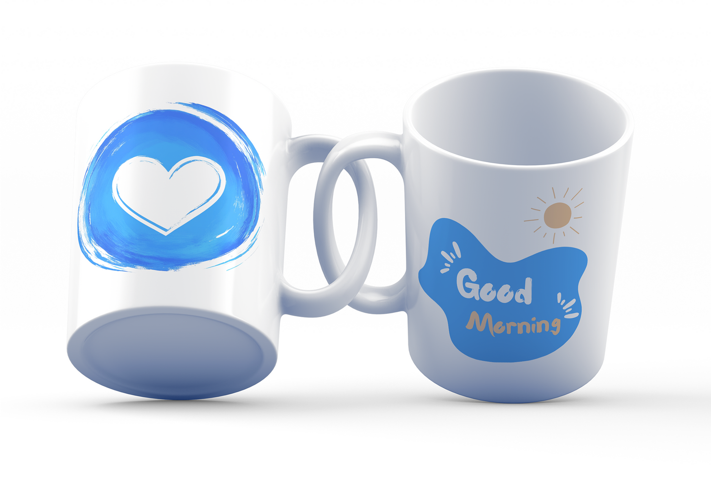 Morning Love 11oz white ceramic mug with artistic blue watercolor heart design