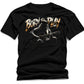 Black t-shirt with graphic of person playing guitar and 'Born to Play' text on a white background